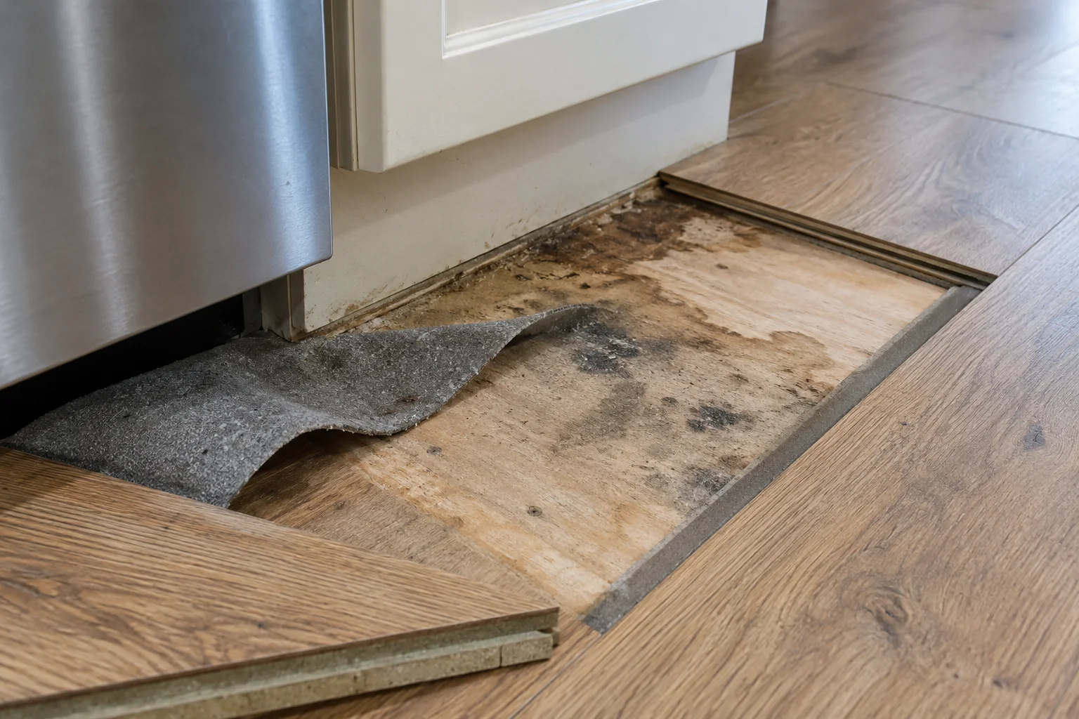 Lifted laminate flooring and turned-back underlay reveal dark spotting and water staining on a plywood subfloor beside kitchen cabinets