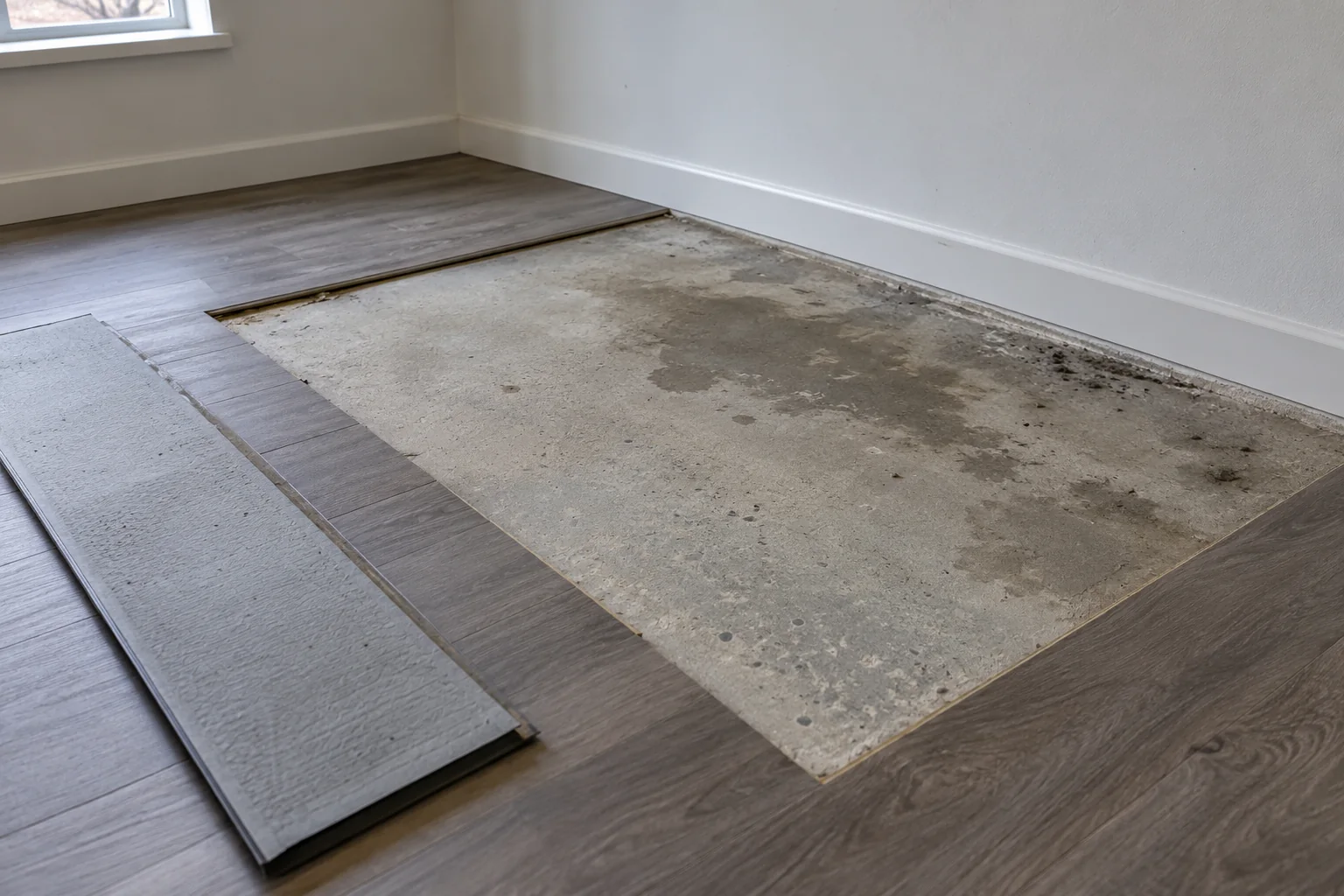 Removed vinyl planks expose darker moisture patches and spotting on a concrete basement slab beside the wall
