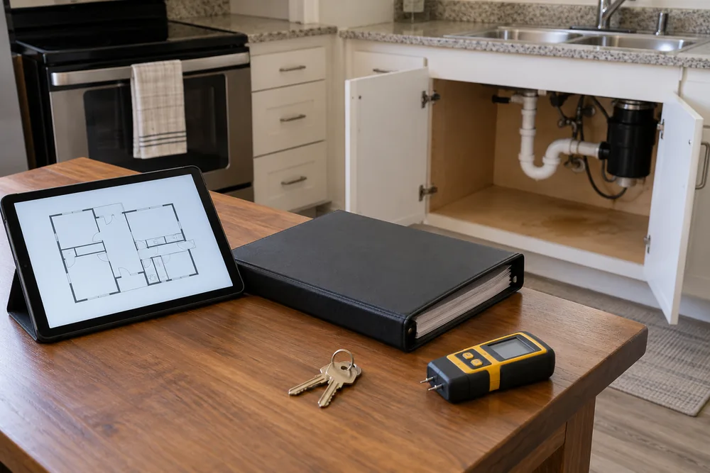 Apartment maintenance records, keys and a moisture meter beside an open sink cabinet