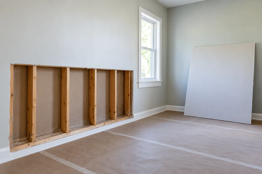 Open lower wall with exposed timber studs and a replacement drywall sheet nearby