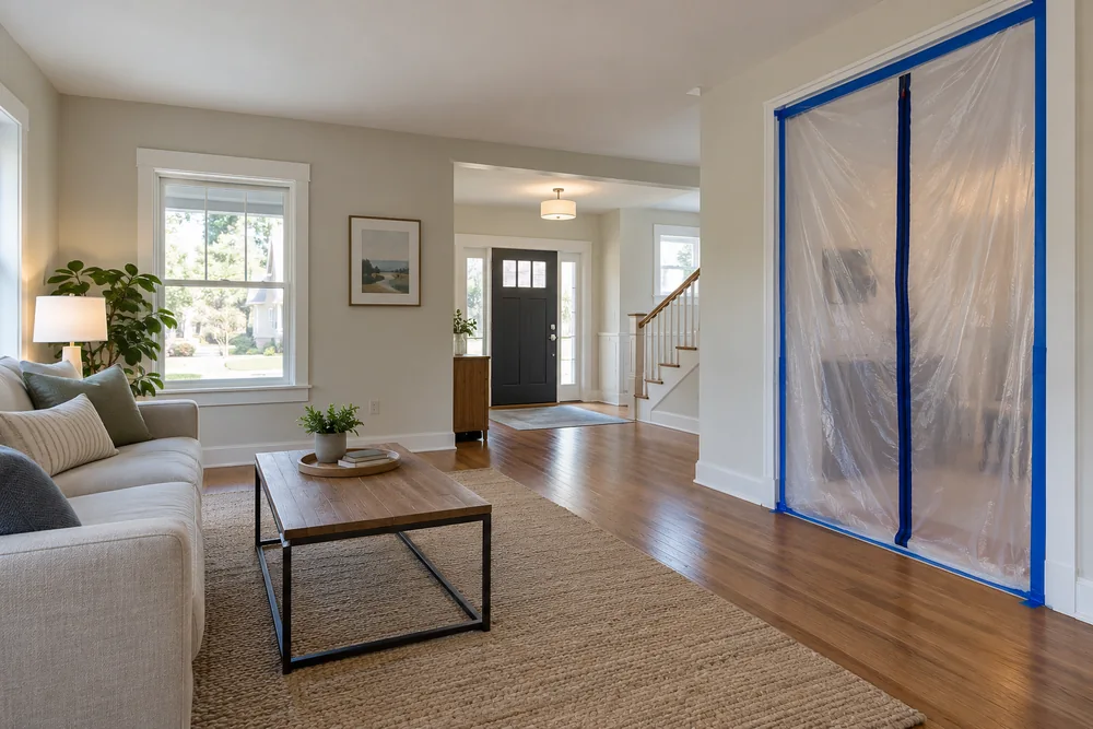 Plastic work-zone barrier beside a living room with a clear route to the front door