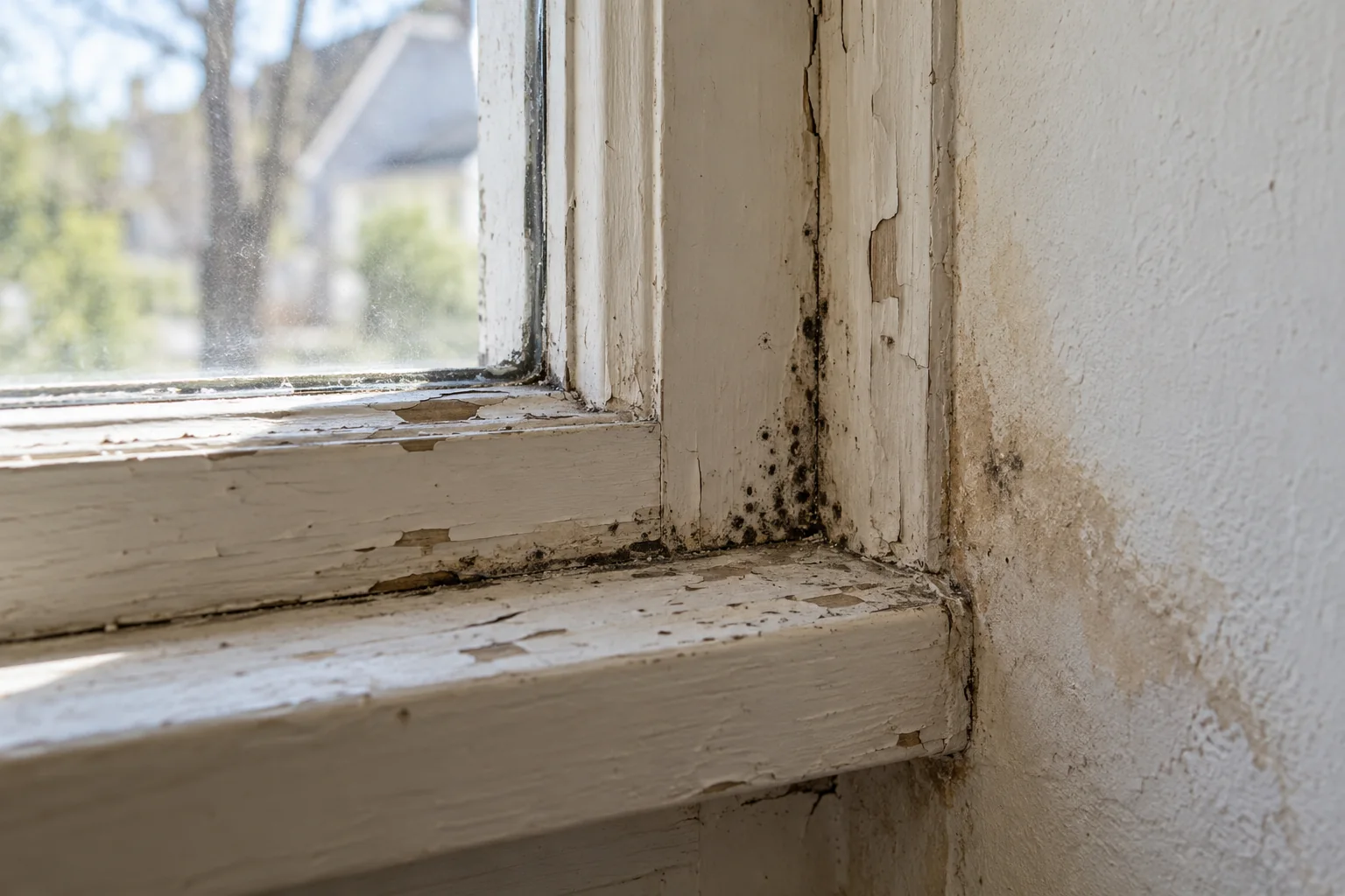 Peeling paint and dark spotting on a wooden window sill beside a stained interior wall