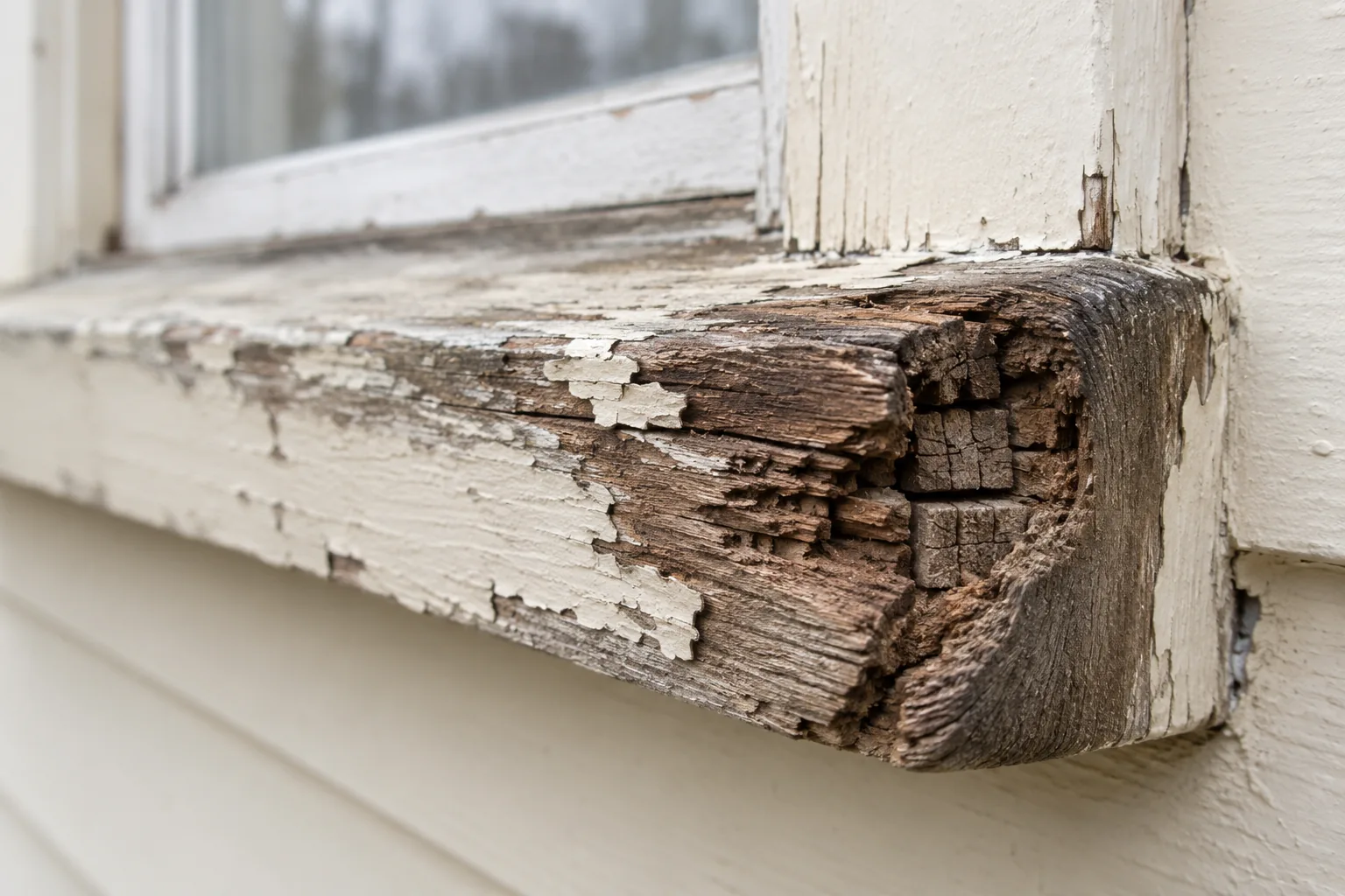 Deteriorated wooden window sill with cross-grain cracks and a crumbling edge
